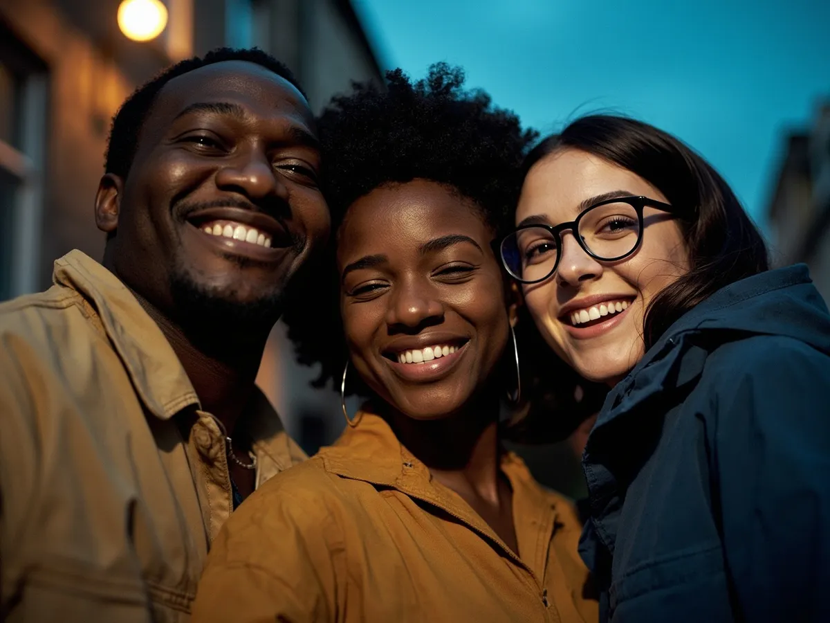 Computer-generated image: three friends laughing together in a group photo on a quest day out
