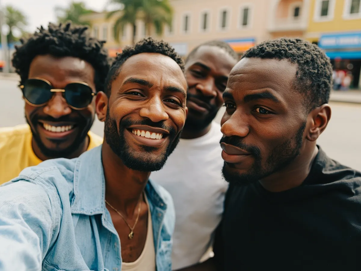 Computer-generated image: four friends laughing together in a group photo on a quest day out