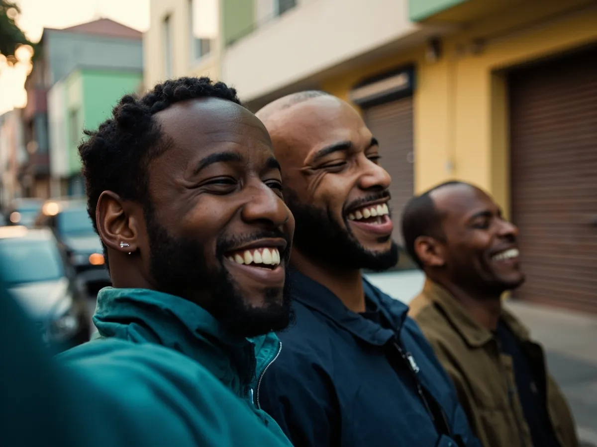 Computer-generated image: three friends laughing together in a group photo on a quest day out