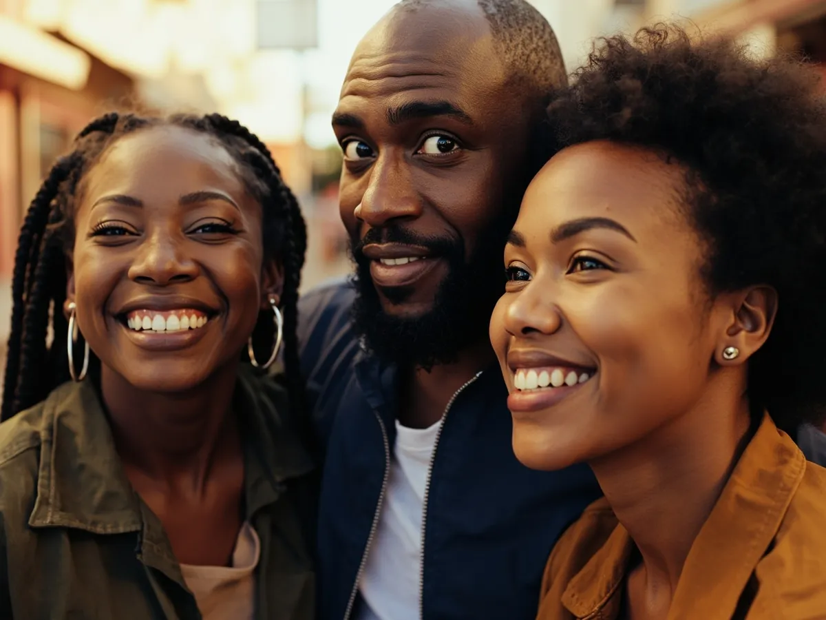 Computer-generated image: three friends laughing together in a group photo on a quest day out