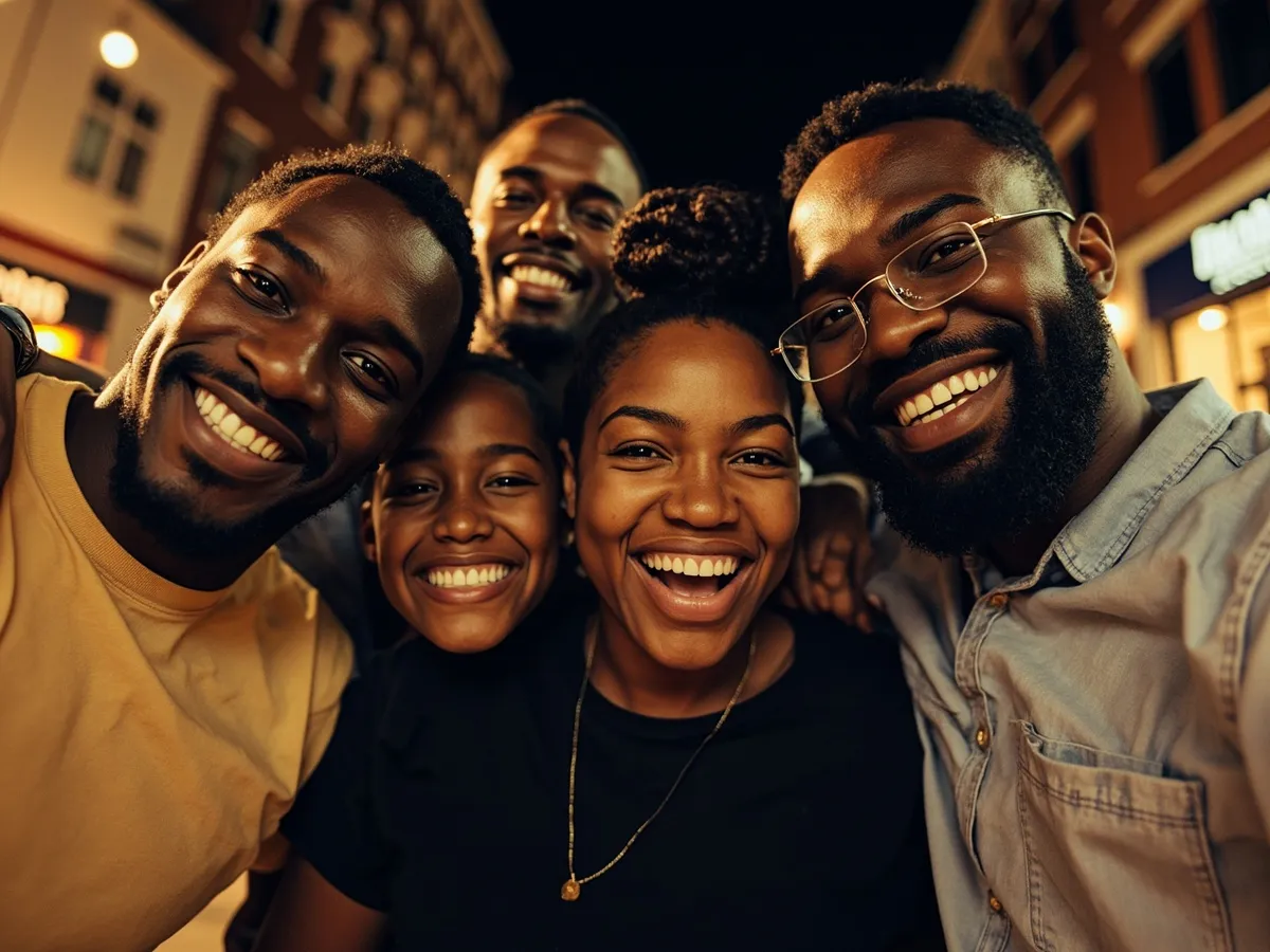 Computer-generated image: four friends laughing together in a group photo on a quest day out