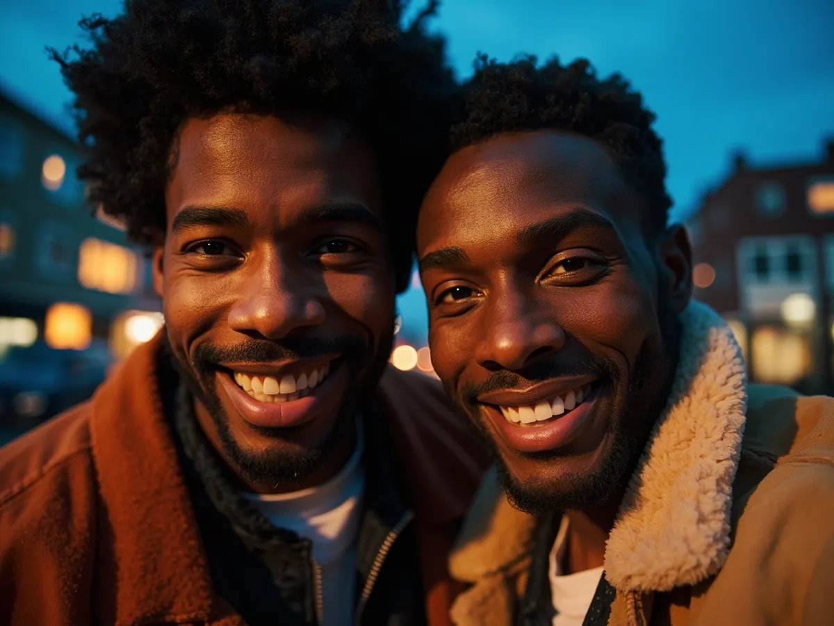 Computer-generated image: two friends laughing together in a group photo on a quest day out
