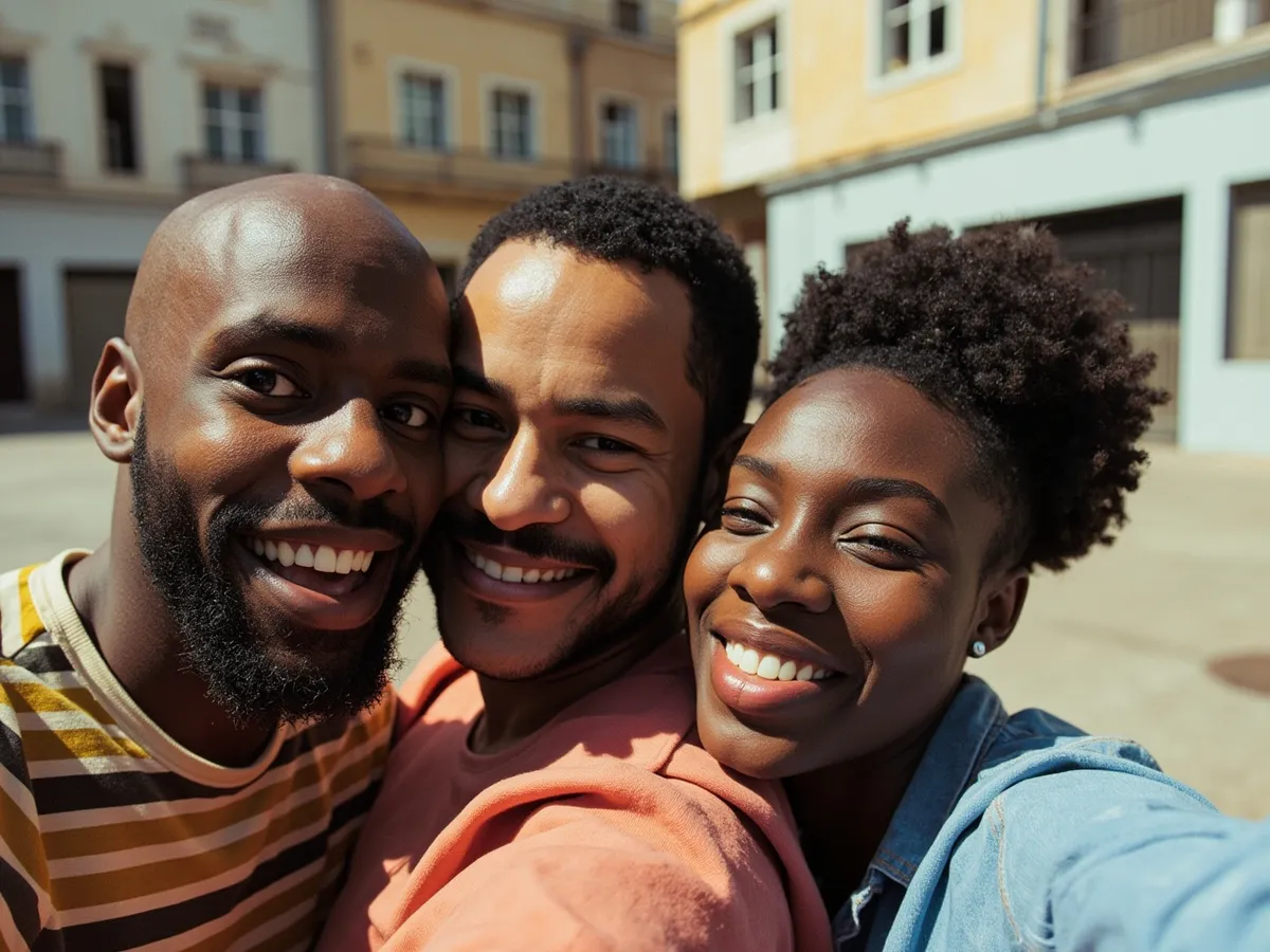 Computer-generated image: three friends laughing together in a group photo on a quest day out