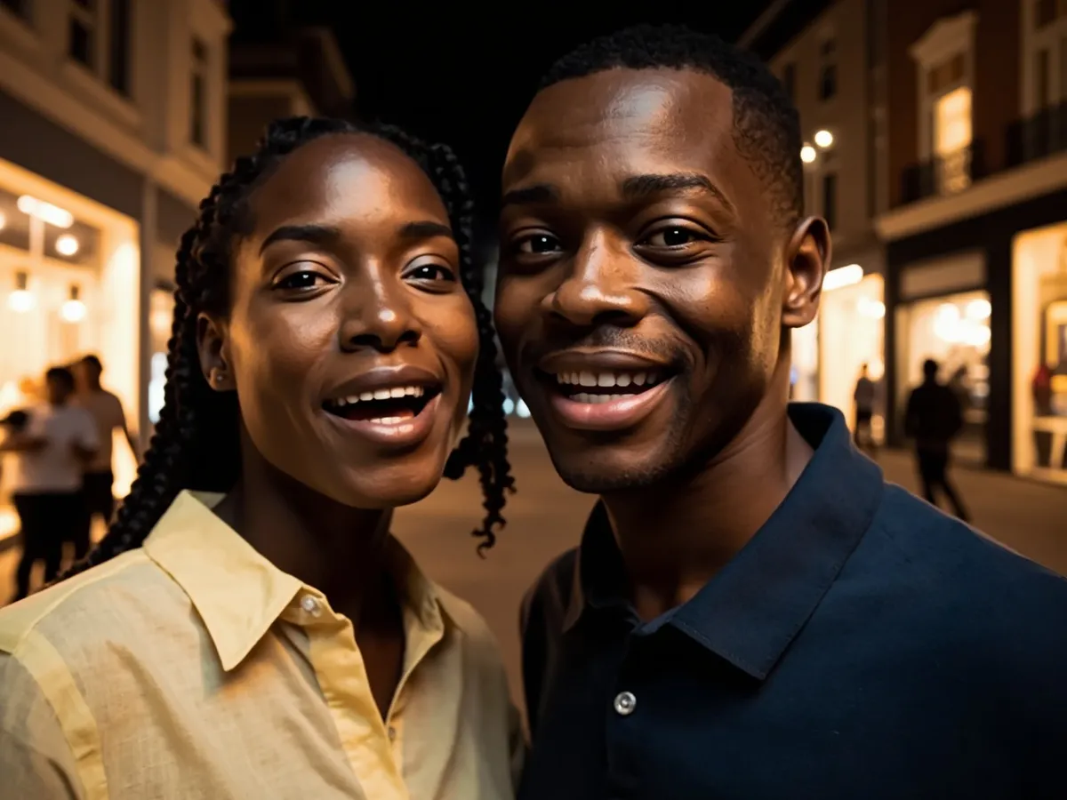 Computer-generated image: two friends laughing together in a group photo on a quest day out