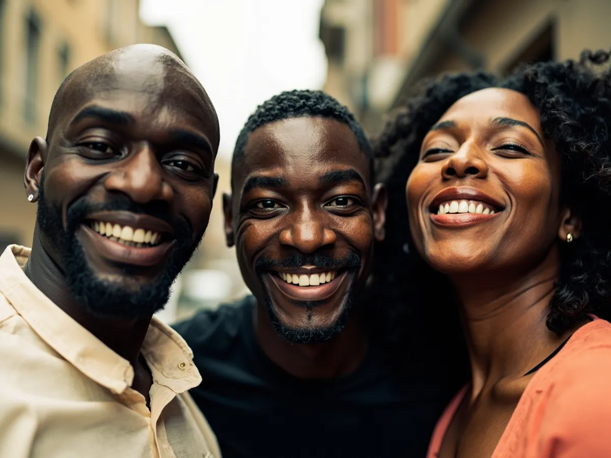 Computer-generated image: three friends laughing together in a group photo on a quest day out