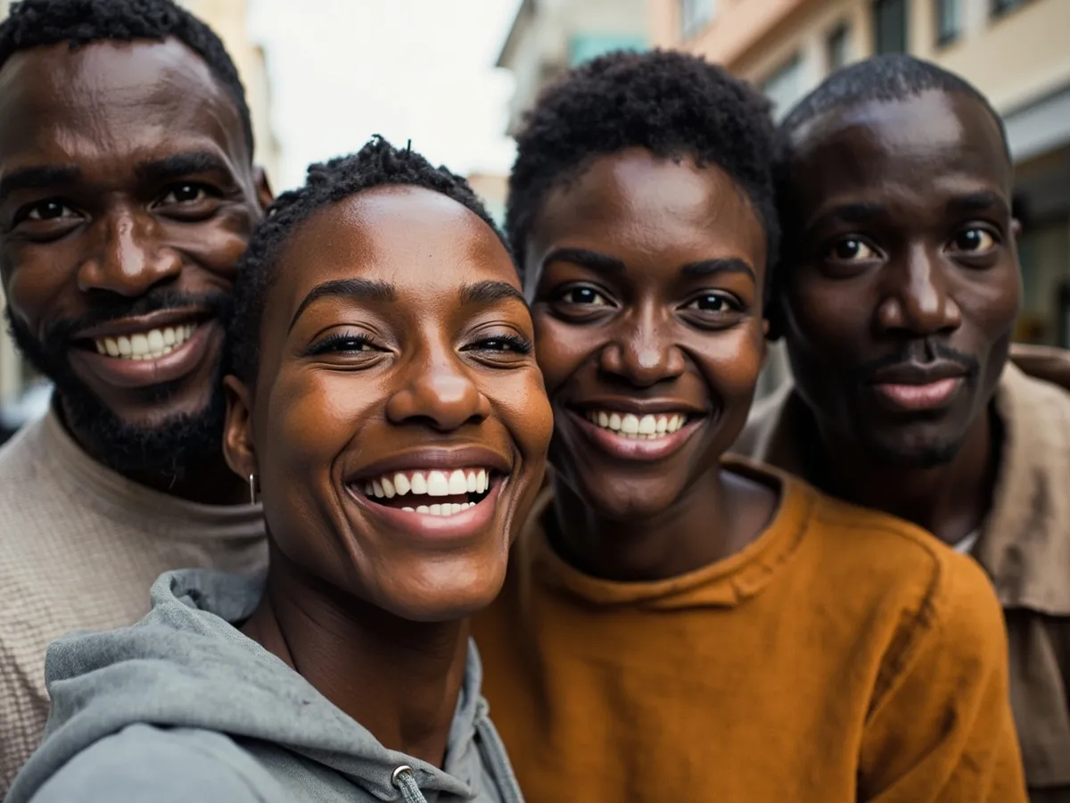 Computer-generated image: four friends laughing together in a group photo on a quest day out