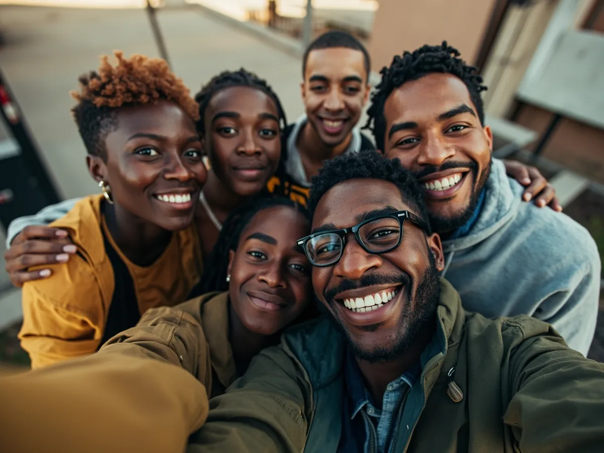 Computer-generated image: four friends laughing together in a group photo on a quest day out