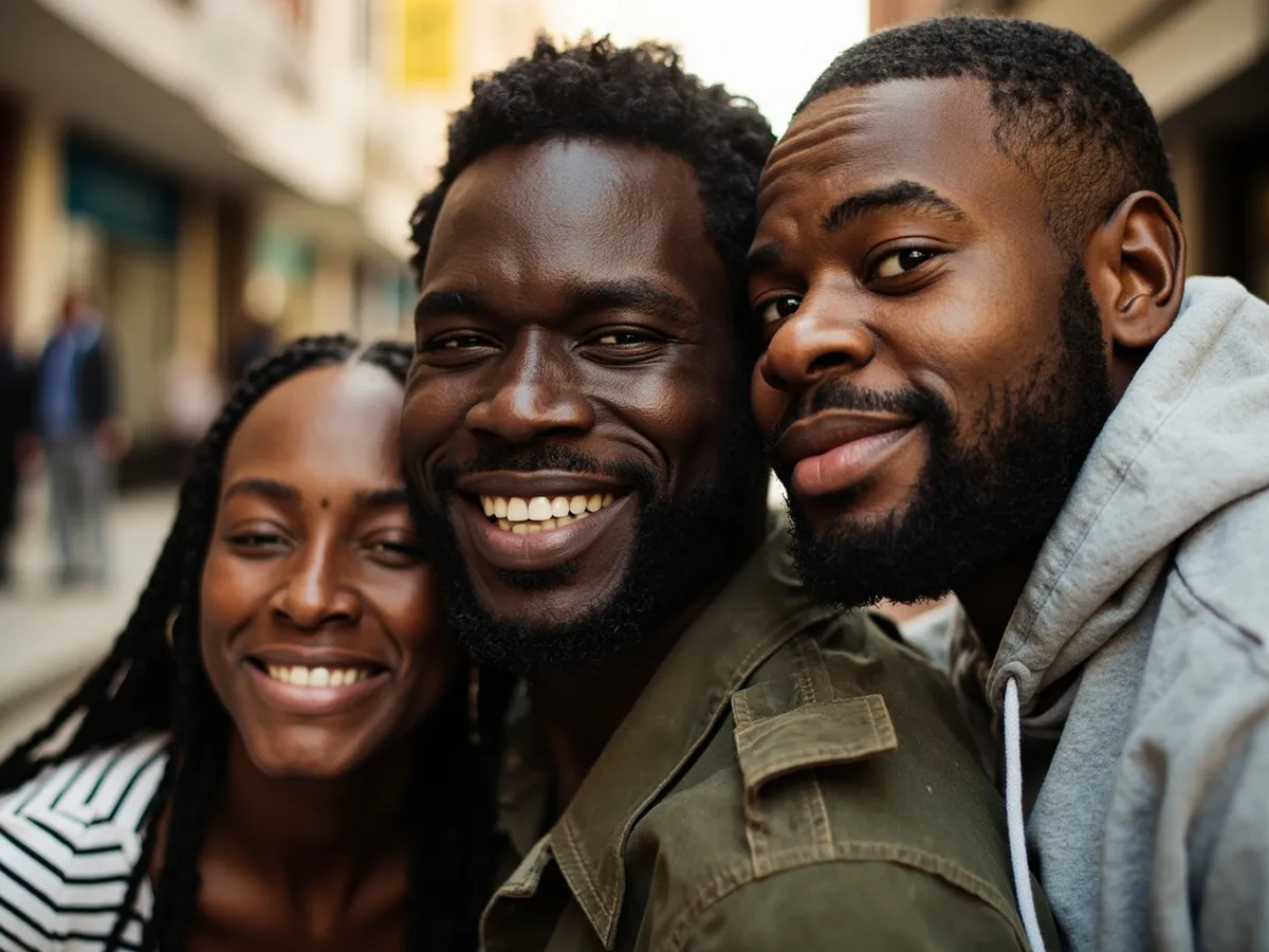 Computer-generated image: three friends laughing together in a group photo on a quest day out