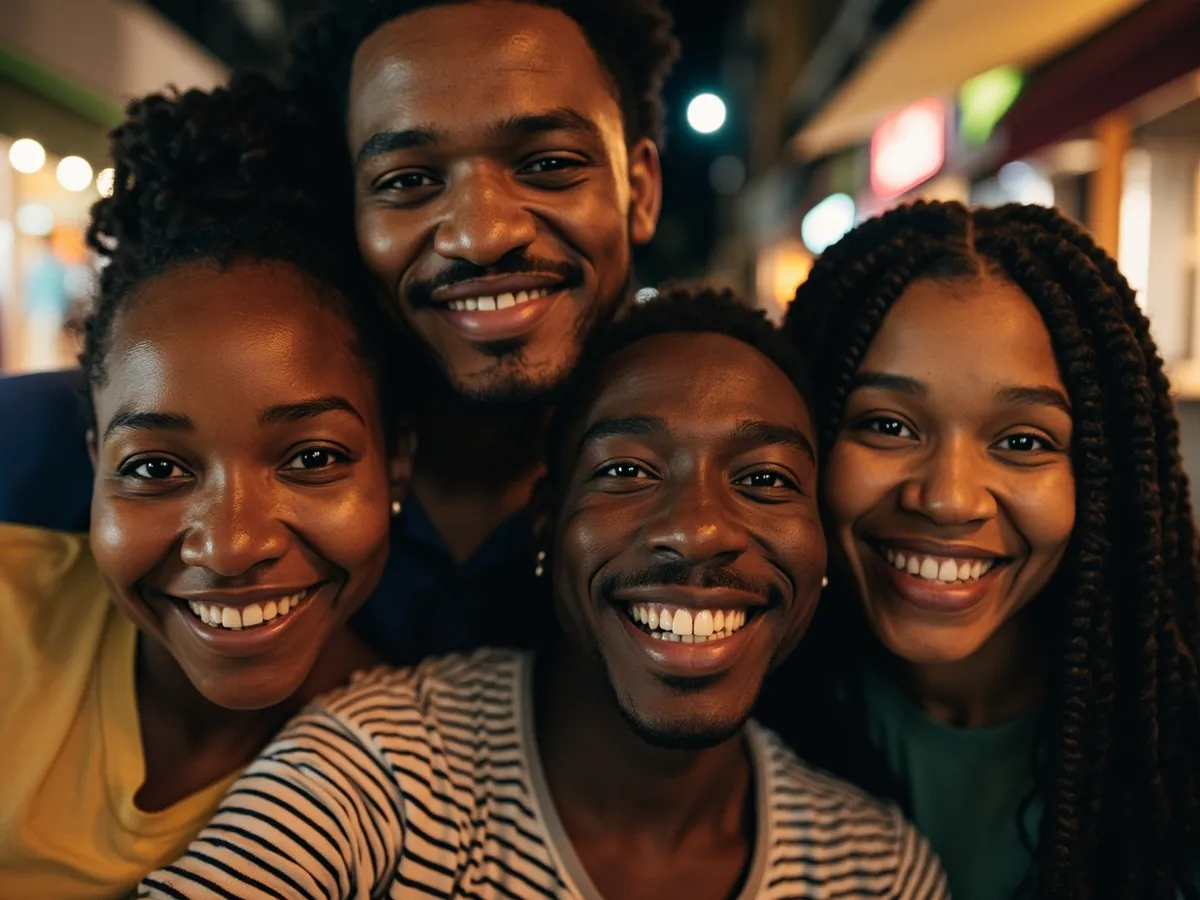 Computer-generated image: four friends laughing together in a group photo on a quest day out