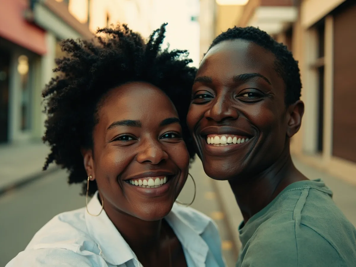 Computer-generated image: two friends laughing together in a group photo on a quest day out