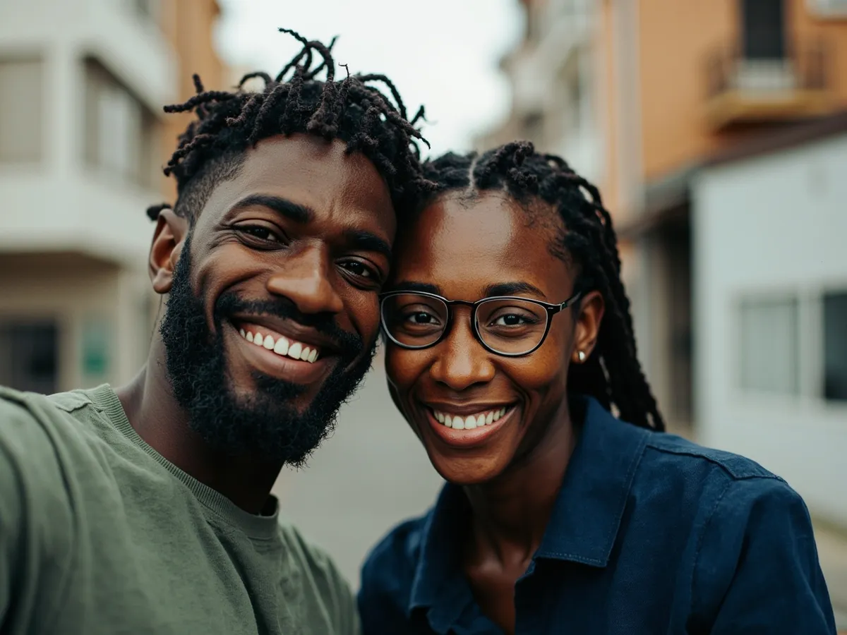 Computer-generated image: two friends laughing together in a group photo on a quest day out