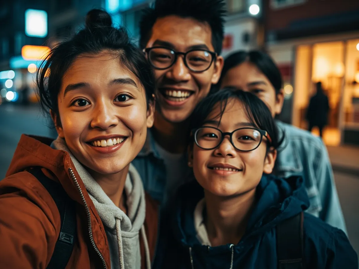 Computer-generated image: four friends laughing together in a group photo on a quest day out