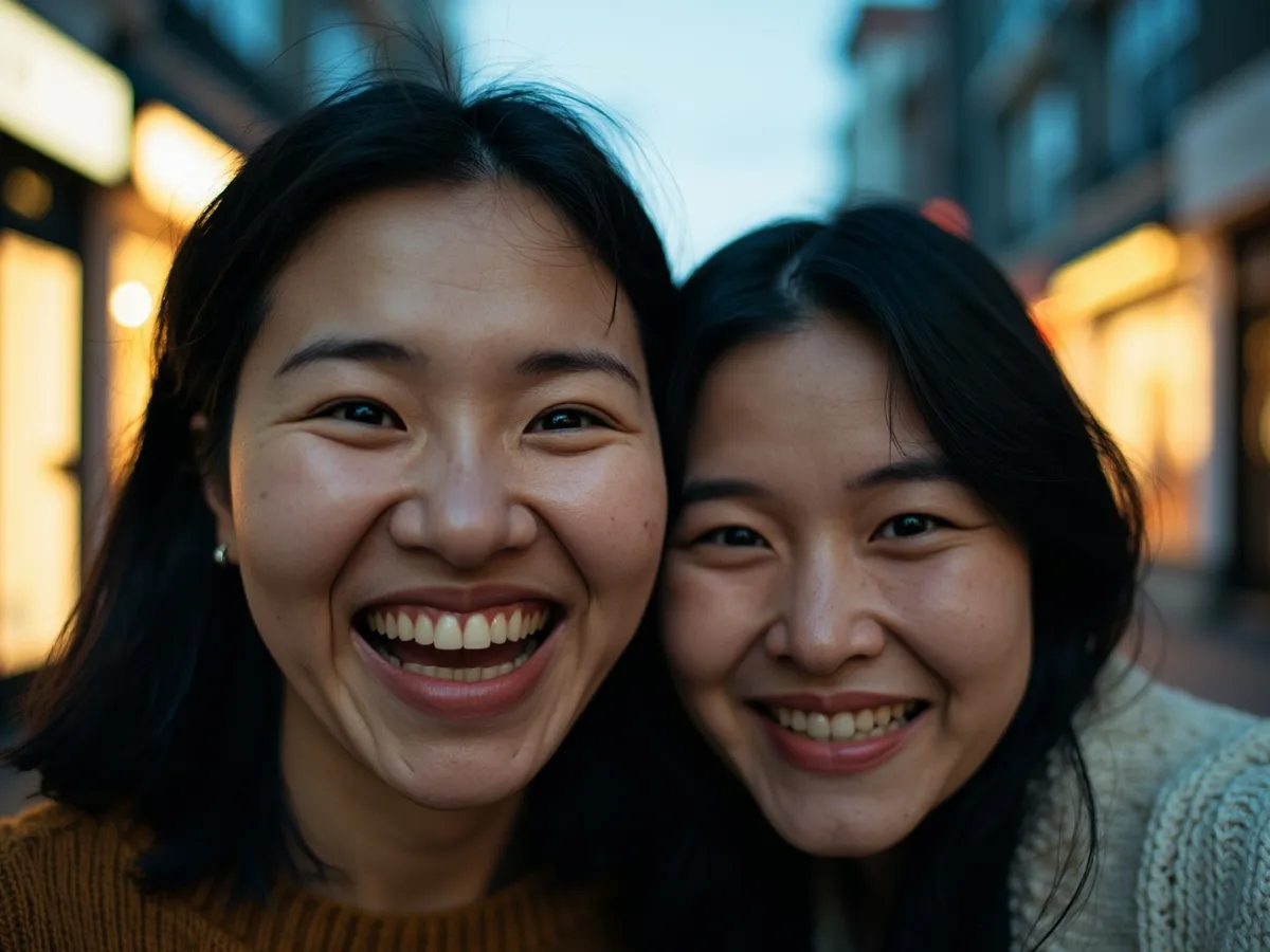Computer-generated image: two friends laughing together in a group photo on a quest day out