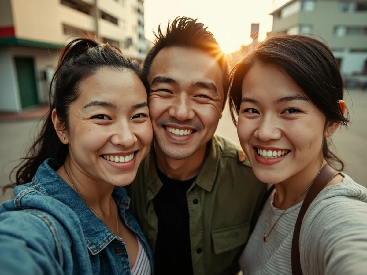 Computer-generated image: three friends laughing together in a group photo on a quest day out