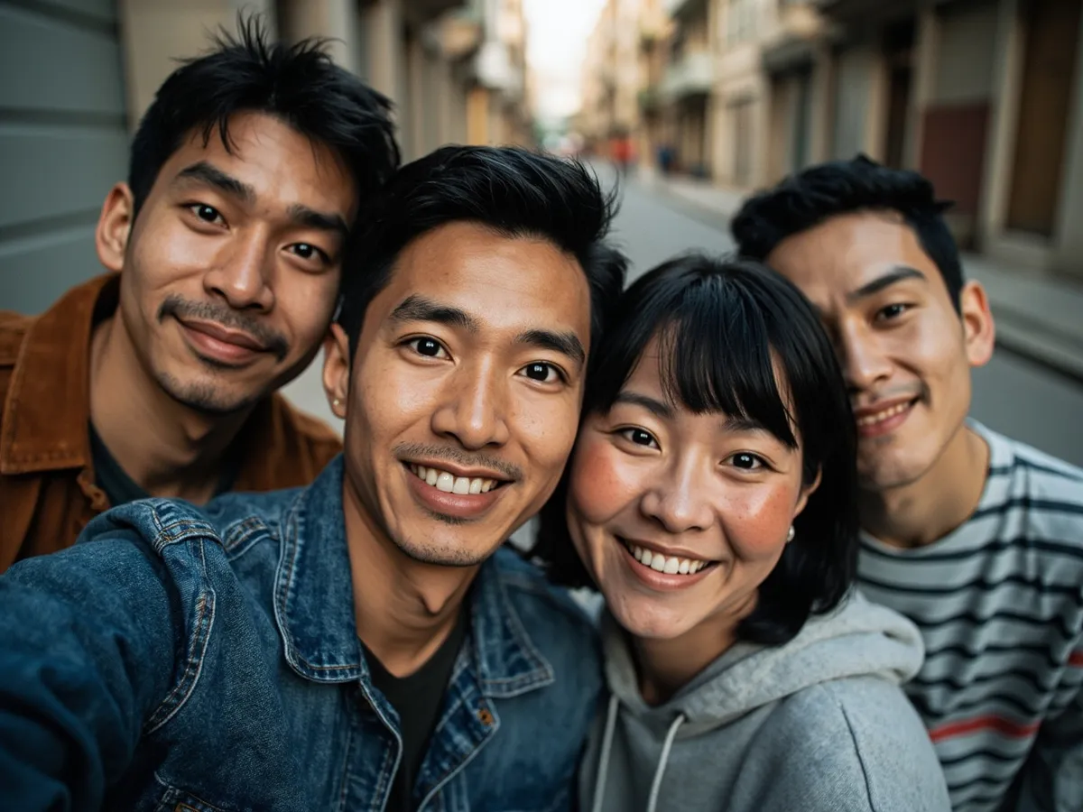 Computer-generated image: four friends laughing together in a group photo on a quest day out