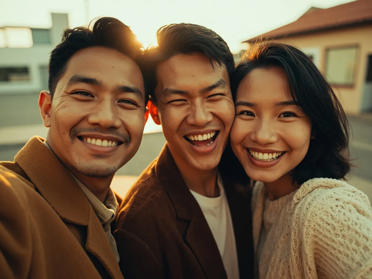 Computer-generated image: three friends laughing together in a group photo on a quest day out