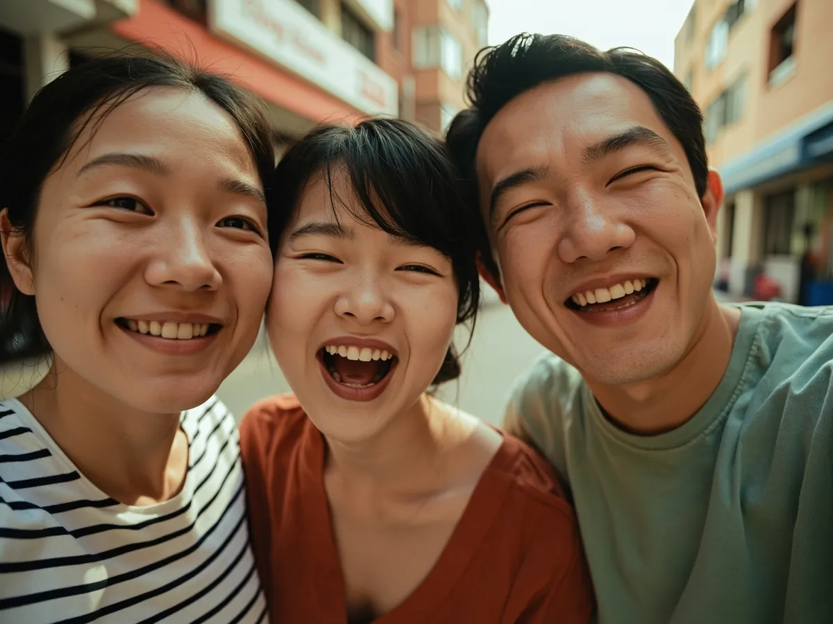 Computer-generated image: three friends laughing together in a group photo on a quest day out