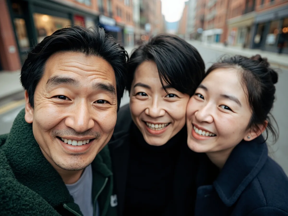 Computer-generated image: three friends laughing together in a group photo on a quest day out