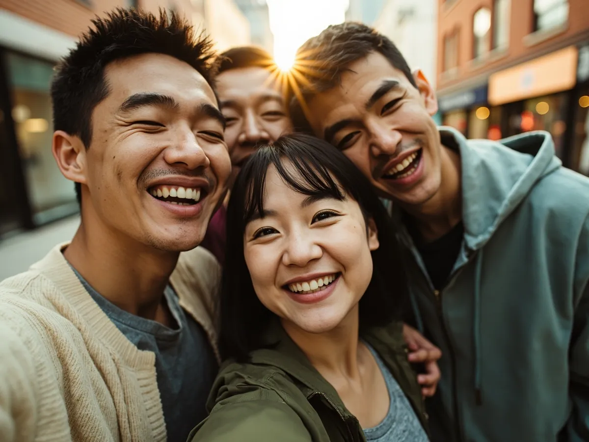 Computer-generated image: four friends laughing together in a group photo on a quest day out