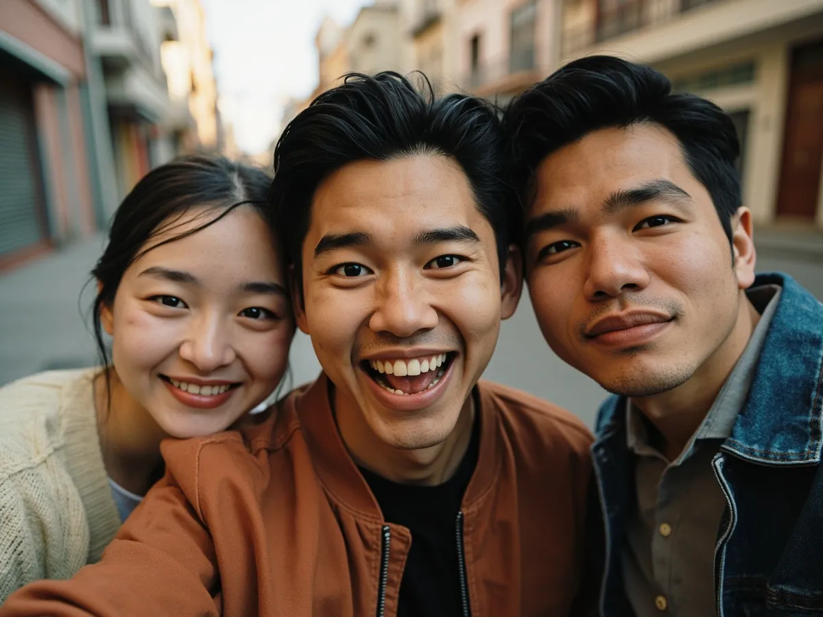 Computer-generated image: three friends laughing together in a group photo on a quest day out
