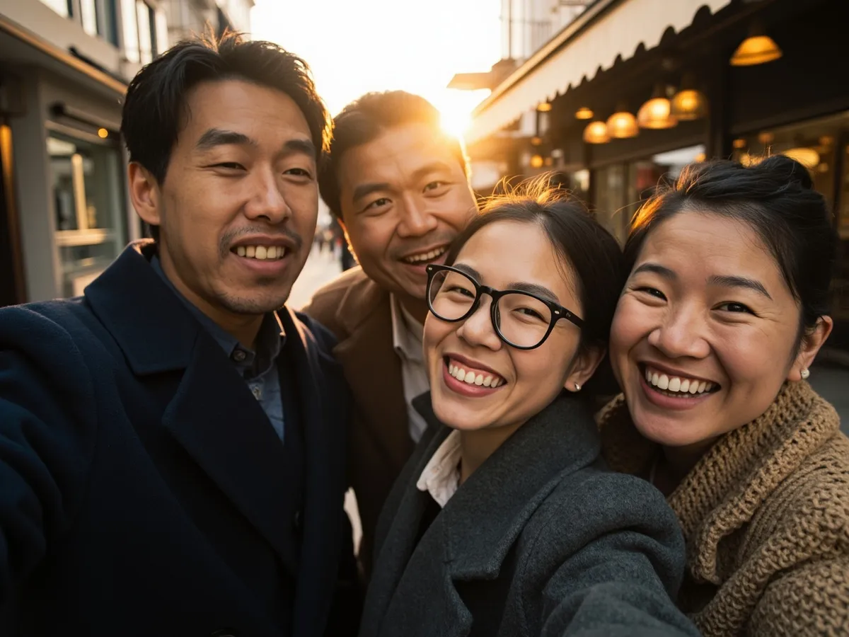 Computer-generated image: four friends laughing together in a group photo on a quest day out
