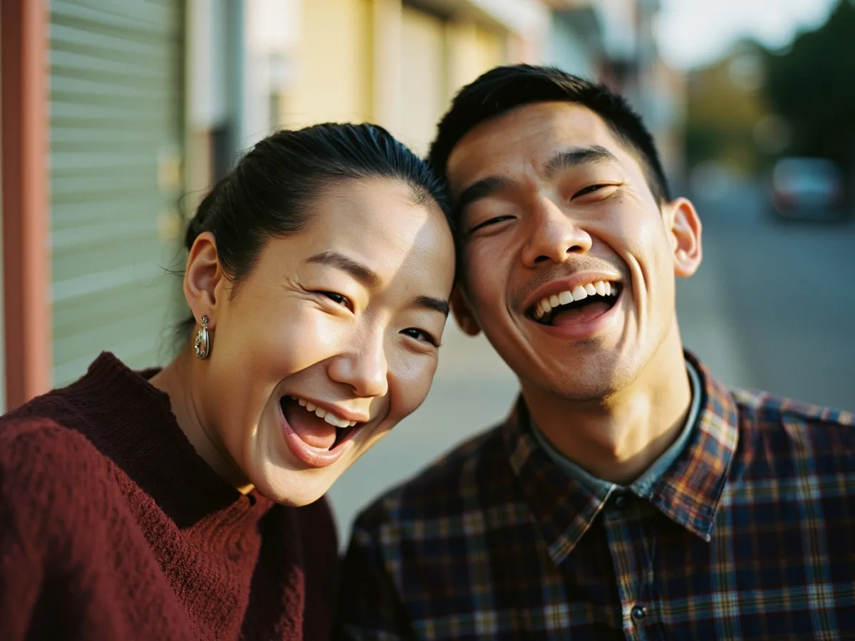 Computer-generated image: two friends laughing together in a group photo on a quest day out