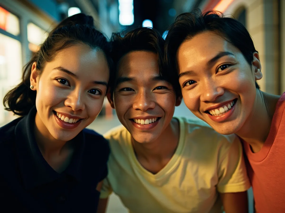 Computer-generated image: three friends laughing together in a group photo on a quest day out