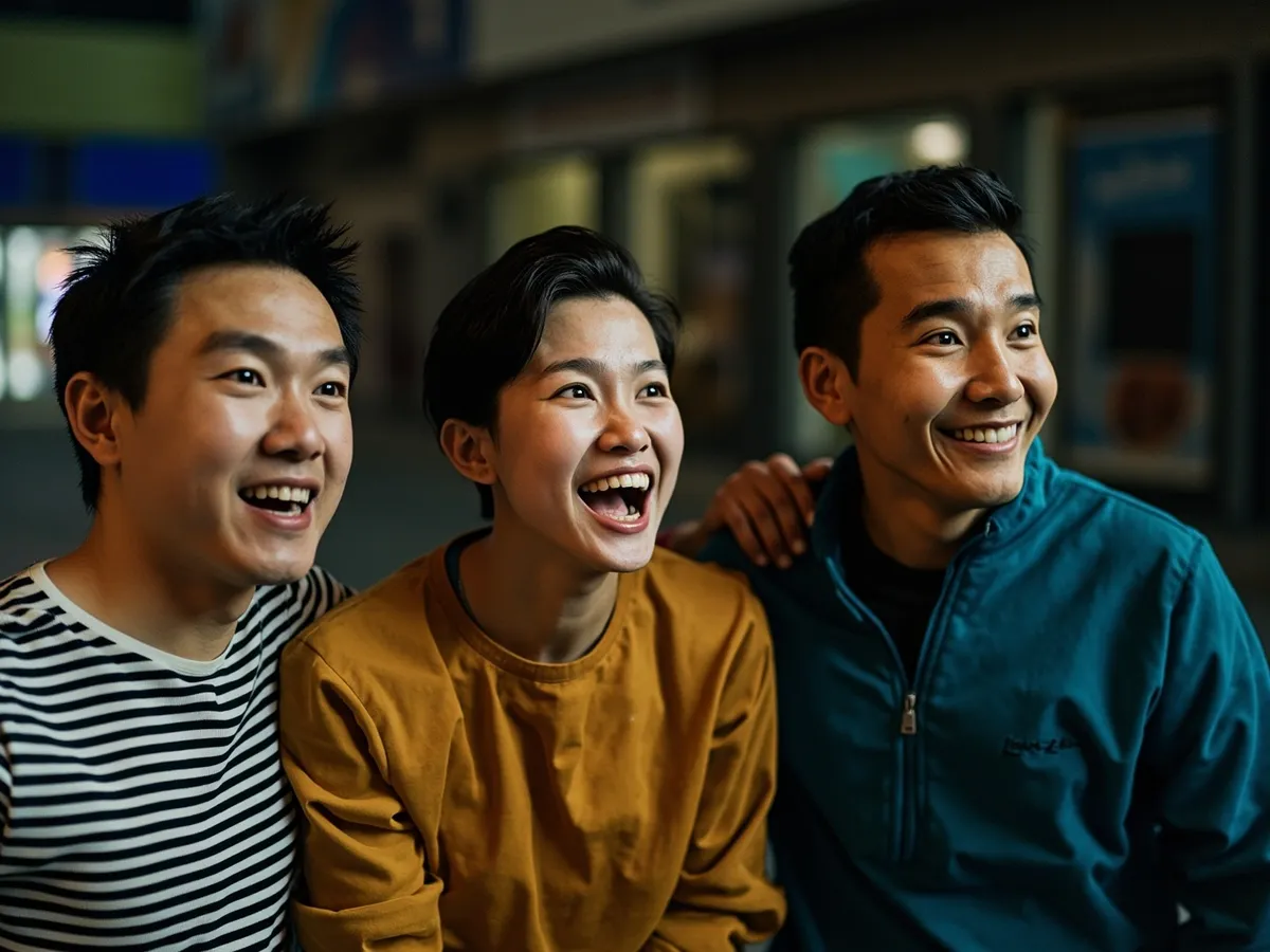 Computer-generated image: three friends laughing together in a group photo on a quest day out
