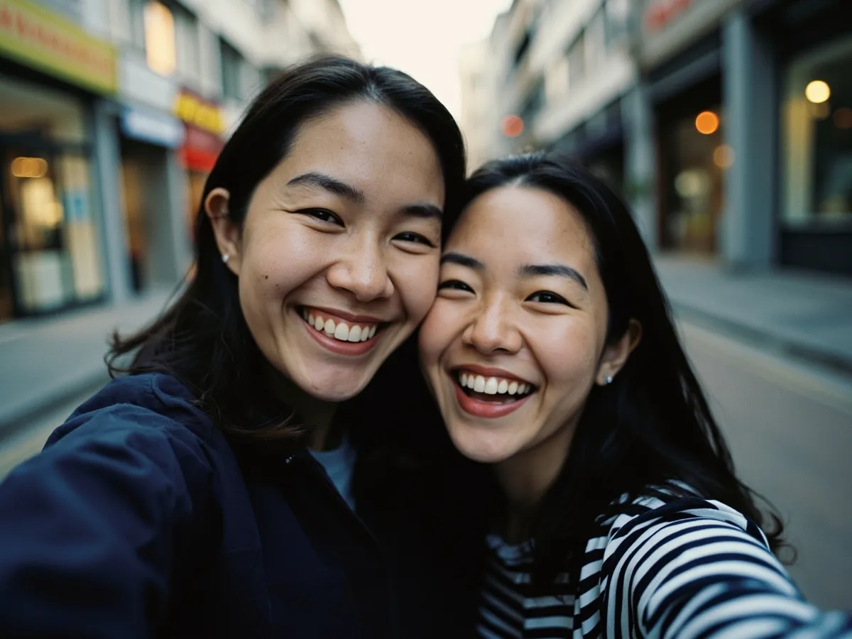 Computer-generated image: two friends laughing together in a group photo on a quest day out
