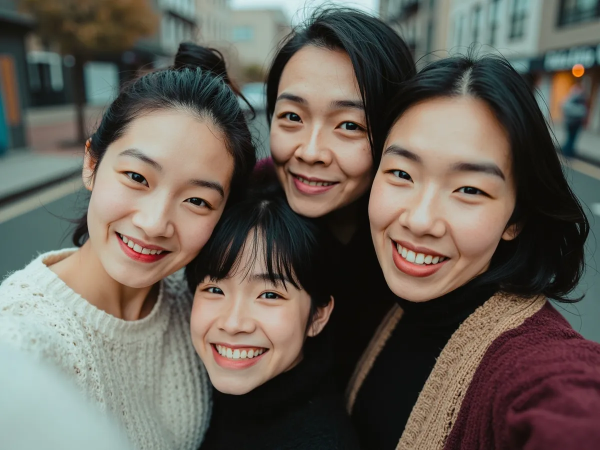 Computer-generated image: four friends laughing together in a group photo on a quest day out