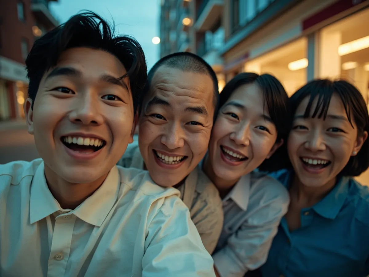 Computer-generated image: four friends laughing together in a group photo on a quest day out