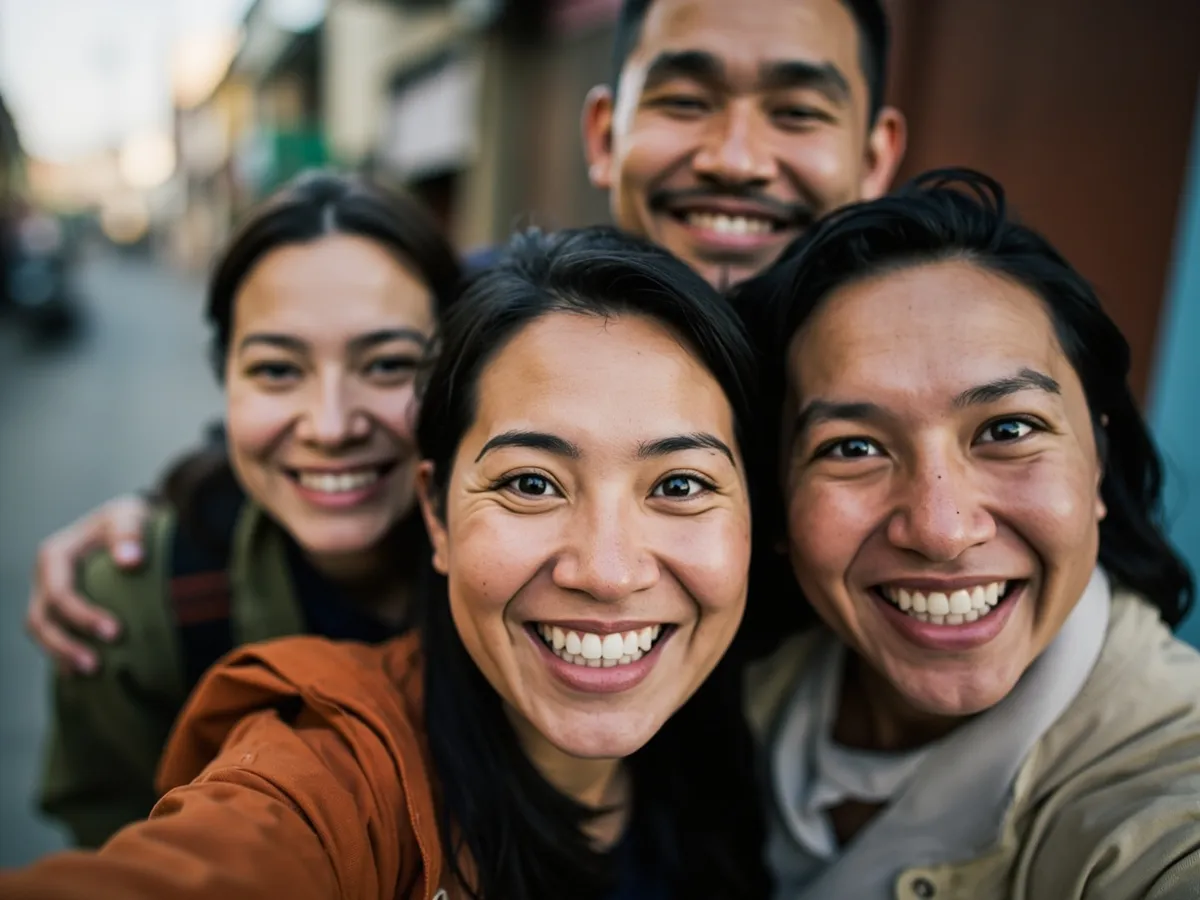 Computer-generated image: four friends laughing together in a group photo on a quest day out