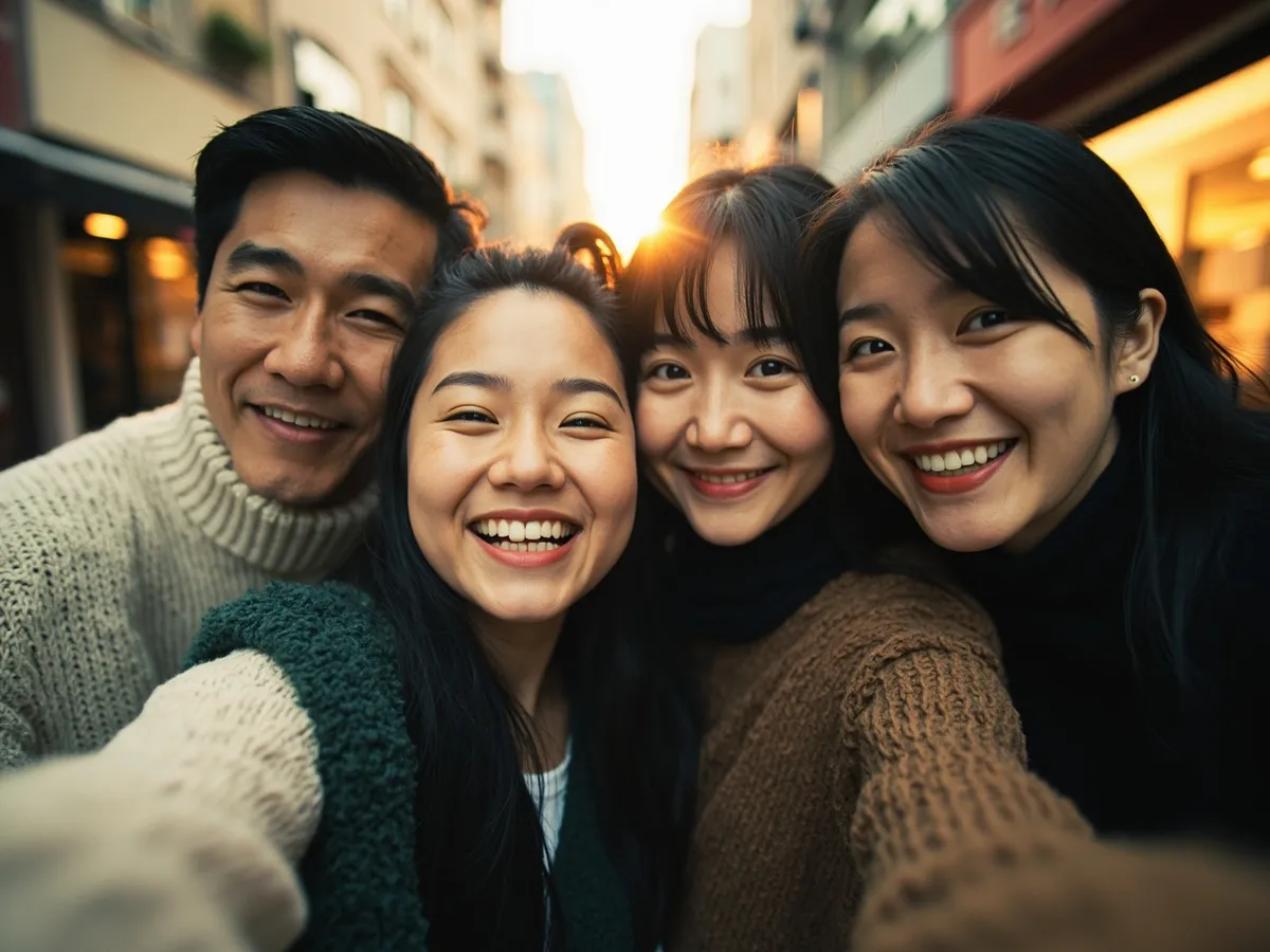 Computer-generated image: four friends laughing together in a group photo on a quest day out