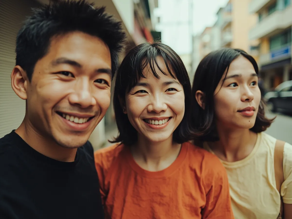 Computer-generated image: three friends laughing together in a group photo on a quest day out