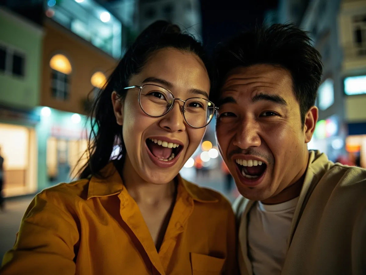 Computer-generated image: two friends laughing together in a group photo on a quest day out