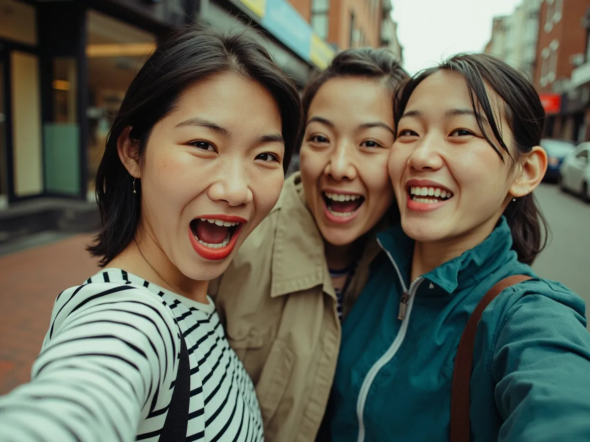Computer-generated image: three friends laughing together in a group photo on a quest day out