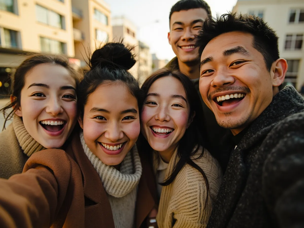 Computer-generated image: four friends laughing together in a group photo on a quest day out