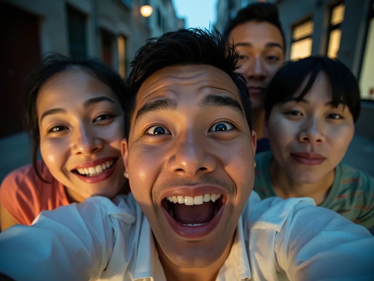 Computer-generated image: four friends laughing together in a group photo on a quest day out