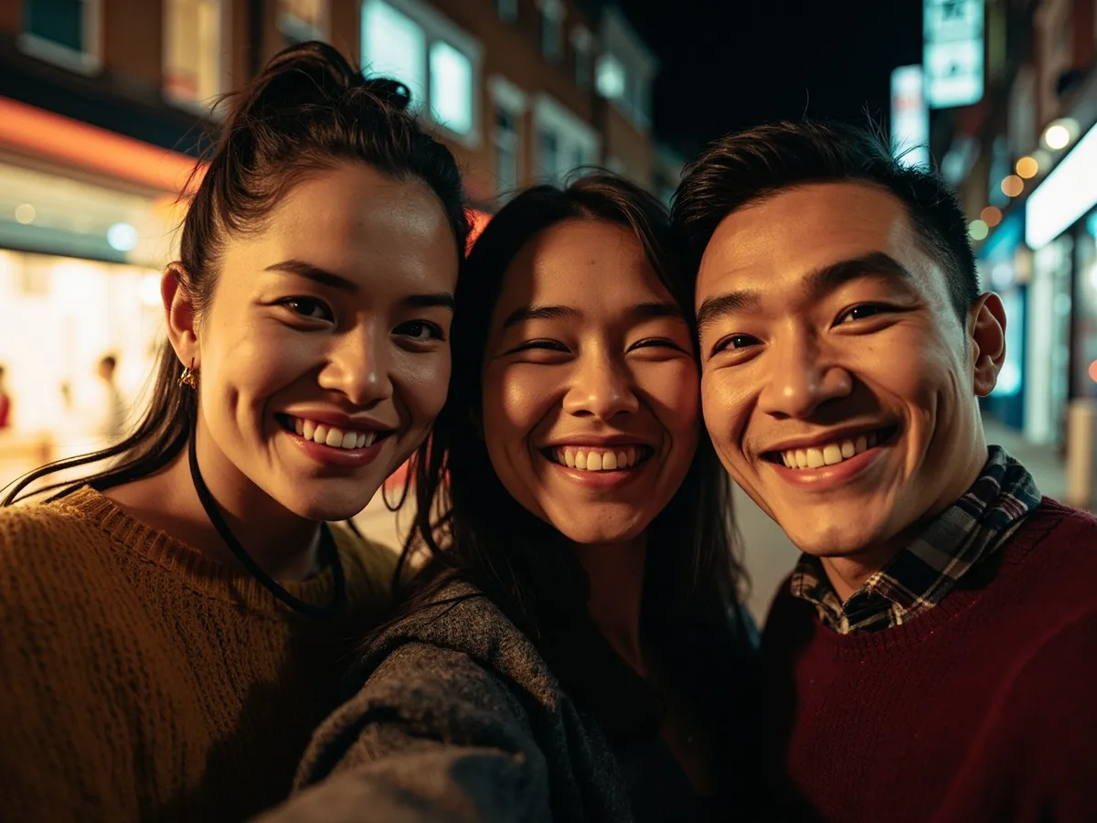 Computer-generated image: three friends laughing together in a group photo on a quest day out