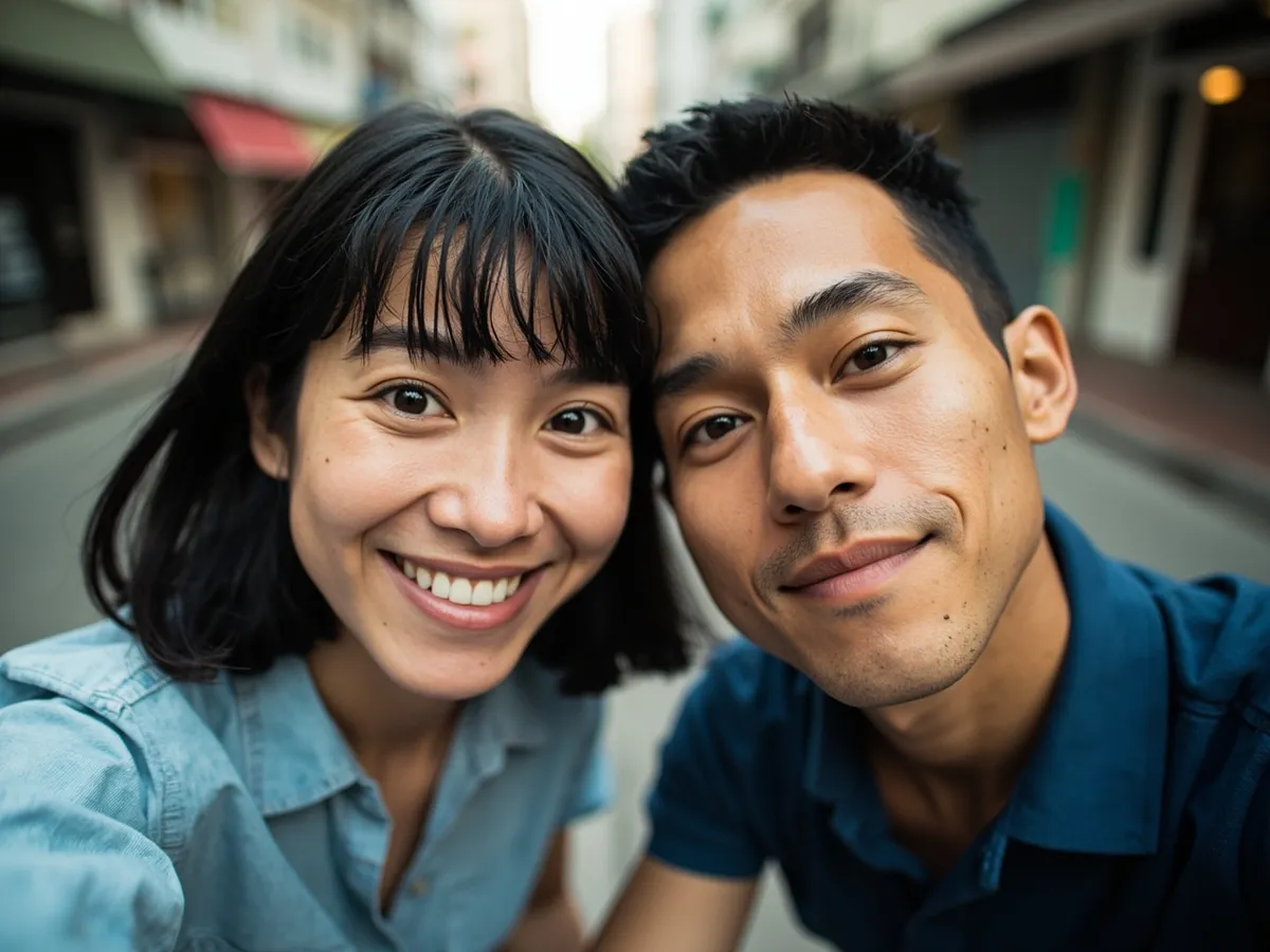 Computer-generated image: two friends laughing together in a group photo on a quest day out