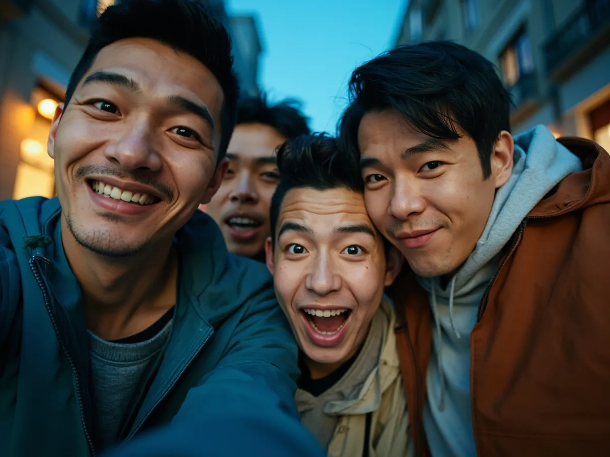 Computer-generated image: four friends laughing together in a group photo on a quest day out