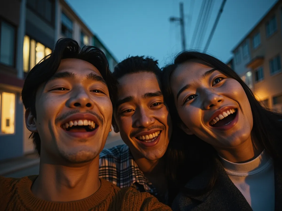 Computer-generated image: three friends laughing together in a group photo on a quest day out
