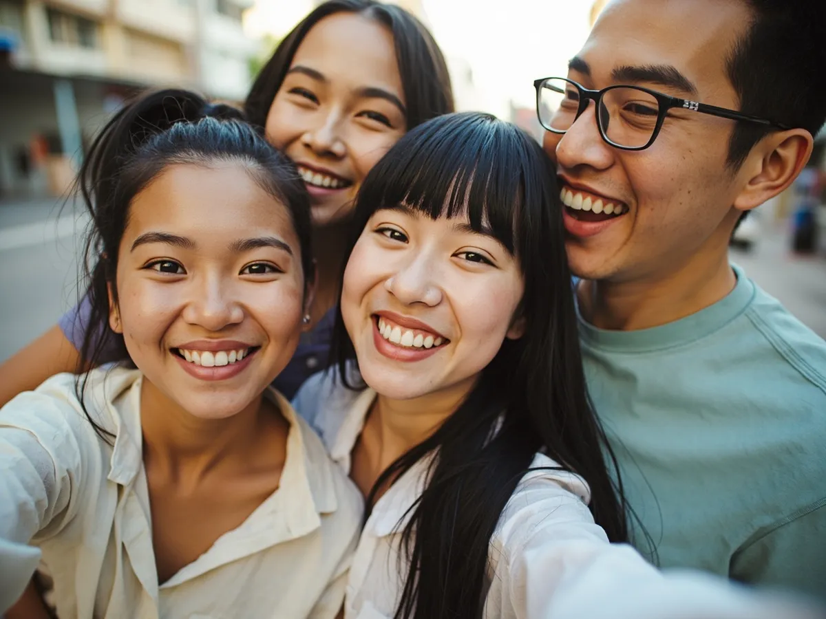 Computer-generated image: four friends laughing together in a group photo on a quest day out