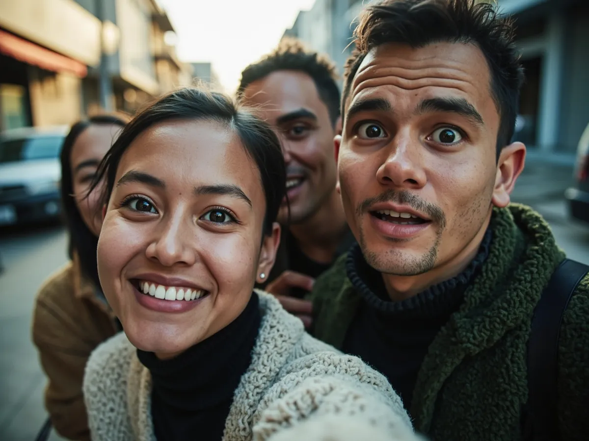 Computer-generated image: four friends laughing together in a group photo on a quest day out