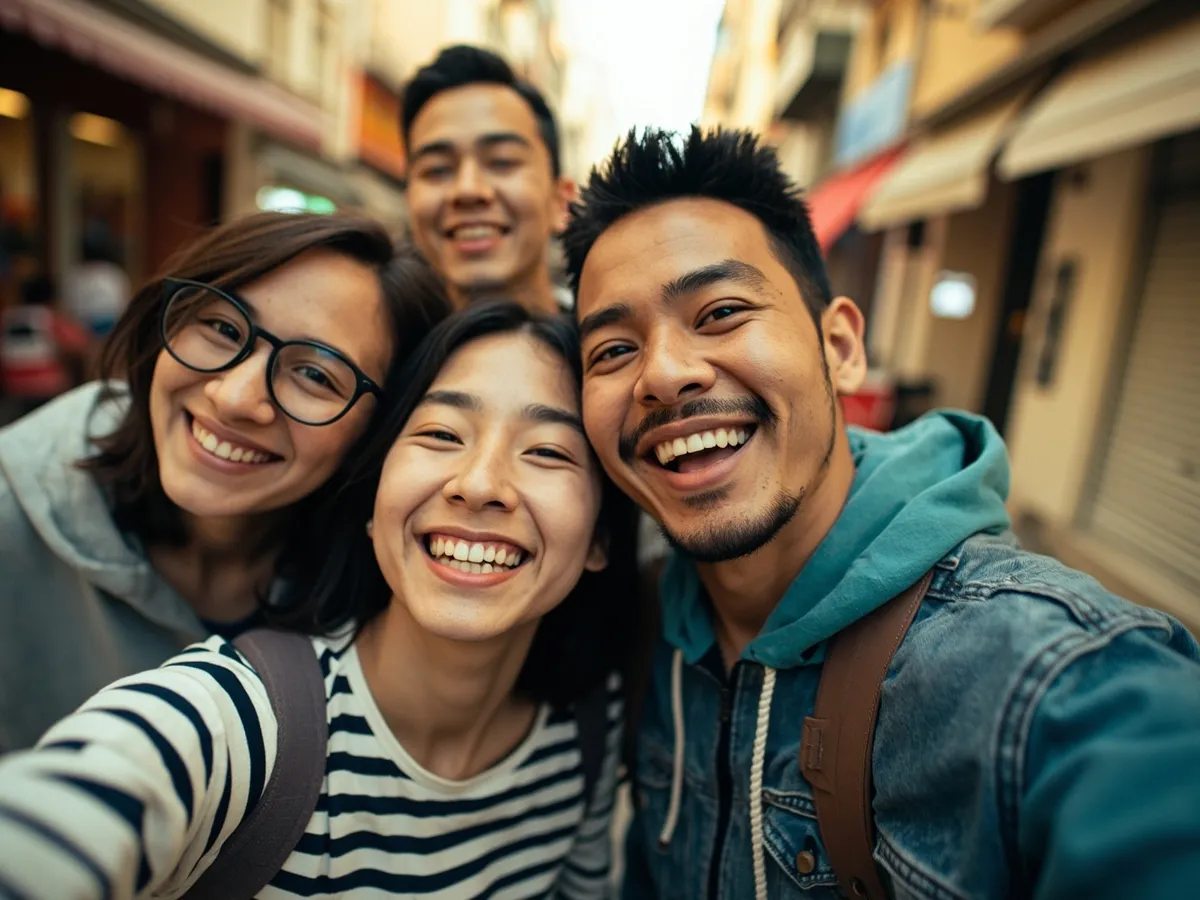 Computer-generated image: four friends laughing together in a group photo on a quest day out