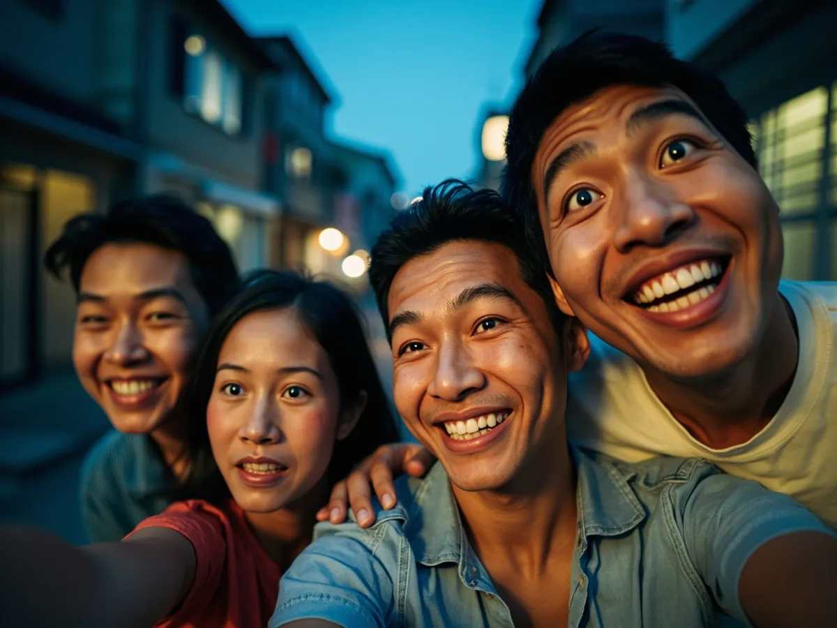 Computer-generated image: four friends laughing together in a group photo on a quest day out