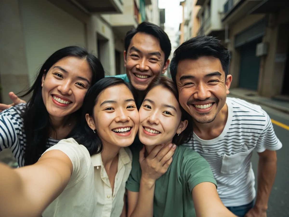 Computer-generated image: four friends laughing together in a group photo on a quest day out