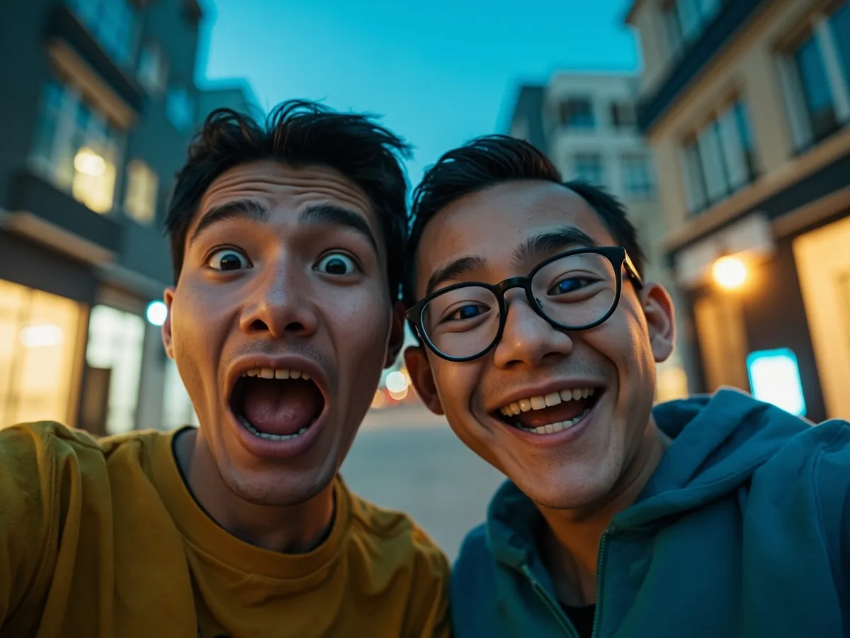 Computer-generated image: two friends laughing together in a group photo on a quest day out