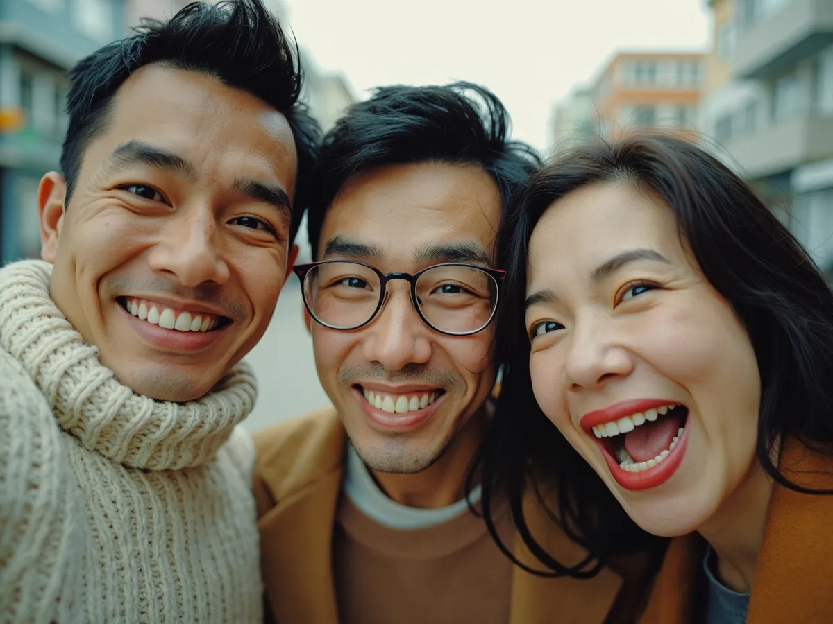 Computer-generated image: three friends laughing together in a group photo on a quest day out