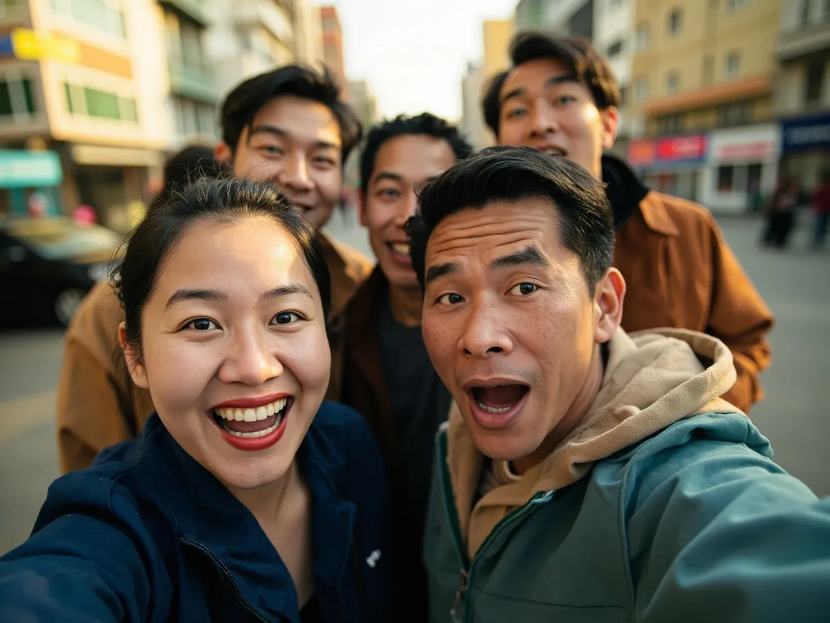 Computer-generated image: four friends laughing together in a group photo on a quest day out